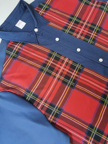 Customer photo review of Plaid Series Red Tartan Scottish And Purple Stitching Men's Short Sleeve Shirt