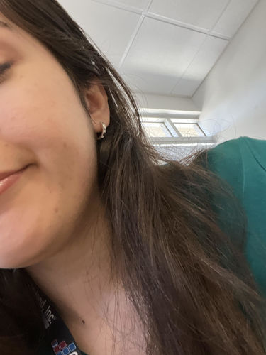Customer photo review of Milgrain CZ Medium Hoop Earrings in Sterling Silver 0.6"