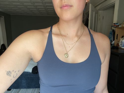 Customer photo review of herringbone + paperclip + goddess initial necklace layering set