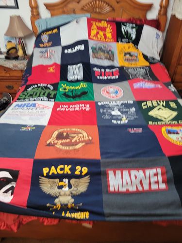 T-shirt quilt with adventure, comic books themes by Pamela from CA