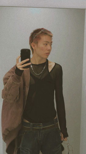 Customer photo review of Mens Irregular Mesh Long-sleeved Triangle Bodysuit SKUI69689