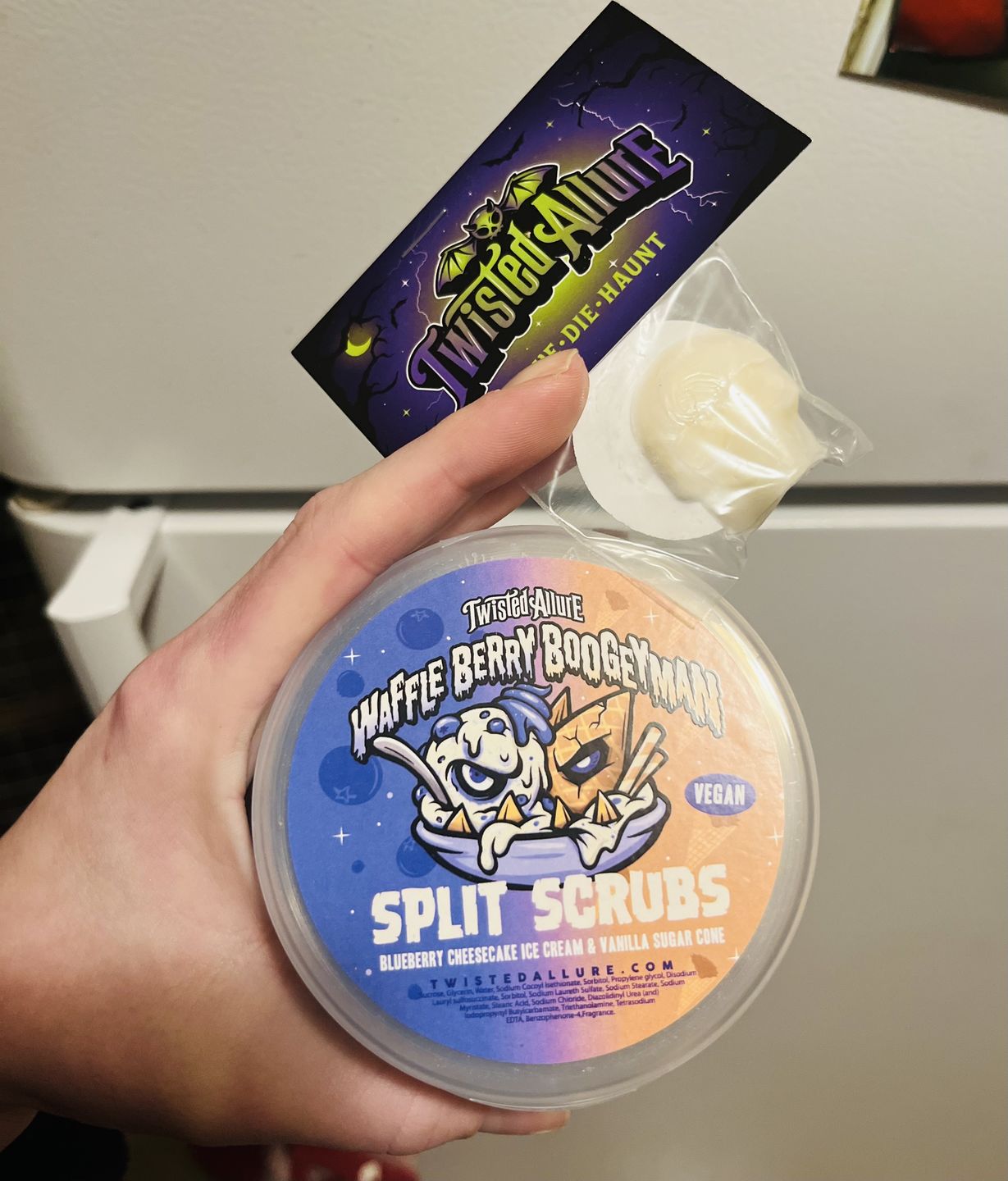 Customer photo review of Waffle Berry Boogeyman Split Scrub (Blueberry Cheesecake Ice Cream & Waffle Cone)
