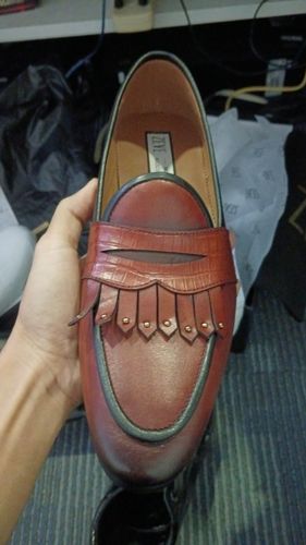 Customer photo review of Belgian Loafer - Cognac Tan Phyton Penny Strap with Studded Fringe (Hand Painted Patina)