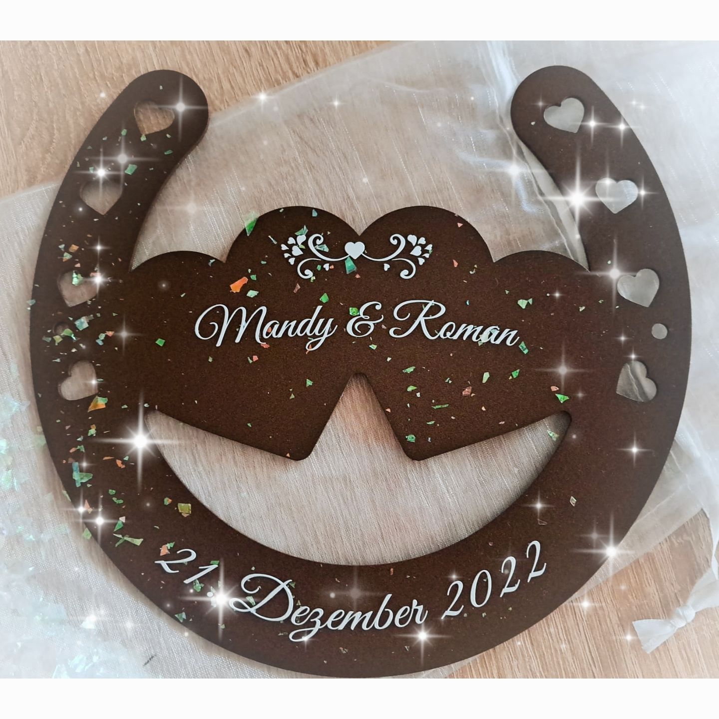 Customer photo review of Glückshufeisen aus edlem Stahl noble Design (personalisierbar) - ausgefallenes Hochzeitsgeschenk