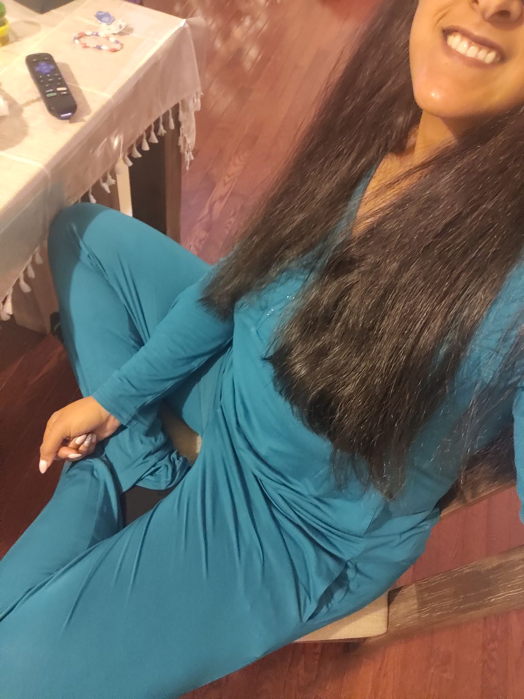 Customer photo review of Teal Blue Bamboo Women's Pajama Set