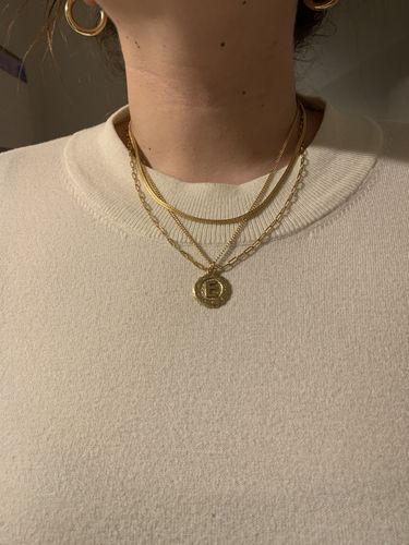 Customer photo review of herringbone + paperclip + goddess initial necklace layering set