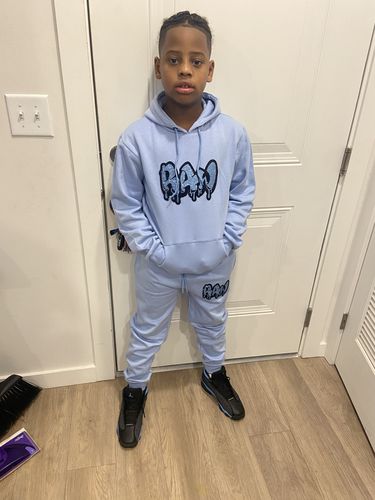 Customer photo review of Teddy Robot Raw Drip White Chenille Hoodie and Jogger Set