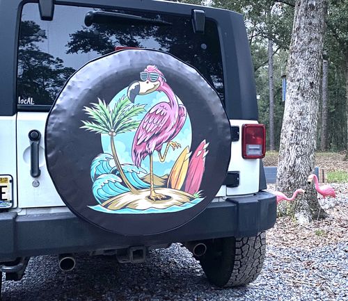 Customer photo review of Flamingo on a Beach Funny Spare Tire Cover for Jeep, Bronco, RV, Camper, Etc.