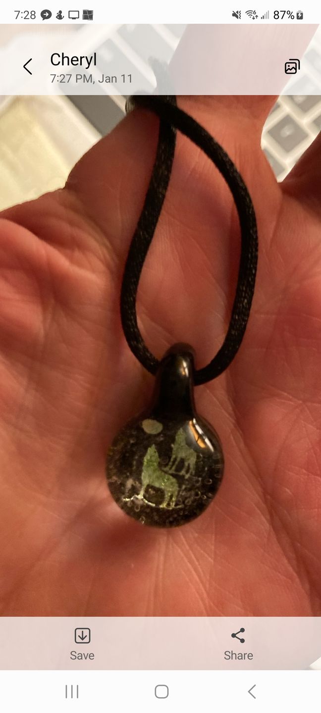 Customer photo review of Howling Wolf Hologram Pendant with Infused Cremation Ash