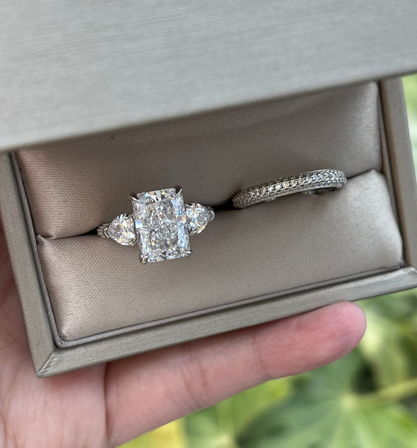 Customer photo review of S925 5.0Ct Radiant Cut & Heart Cut Three Stone Wedding Set In Sterling Silver