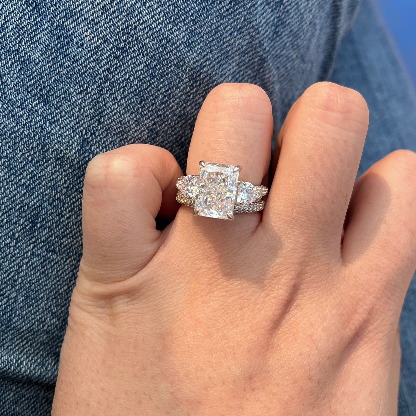 Customer photo review of S925 5.0Ct Radiant Cut & Heart Cut Three Stone Wedding Set In Sterling Silver