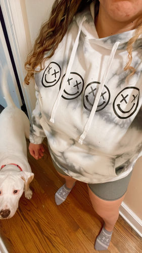 Customer photo review of Salty Savage Ladies "OG Smile" Lounge Hoodie | Stuck On Repeat | White/Gray Tie Dye/Black