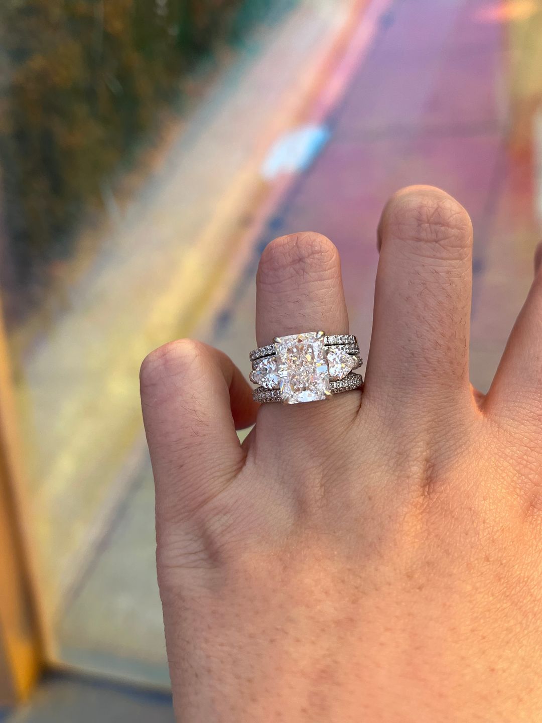 Customer photo review of S925 5.0Ct Radiant Cut & Heart Cut Three Stone Wedding Set In Sterling Silver