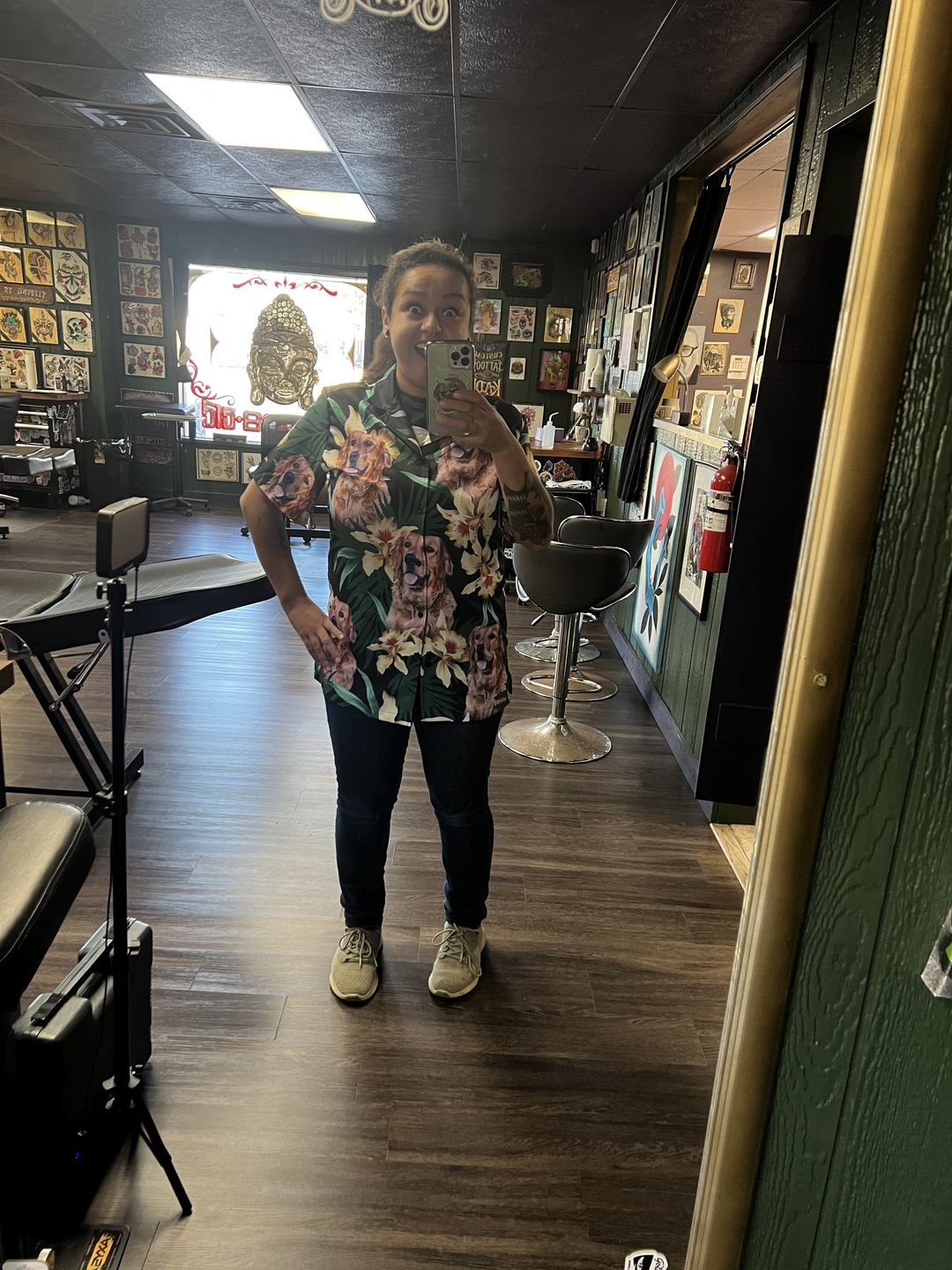Customer photo review of Custom Leaves & Flowers Pattern Short-Sleeve Hawaiian Shirt (Dark Green Color)