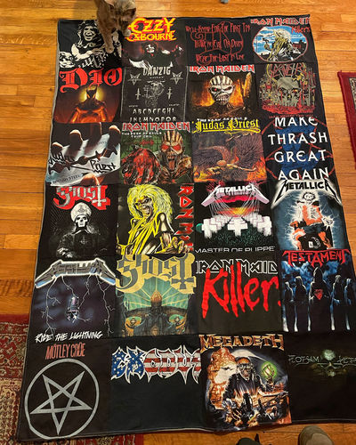 T-shirt quilt with heavy metal music, rock music themes by KRISTIN from NY