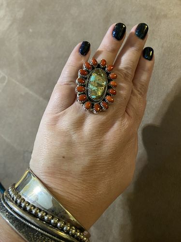 Customer photo review of Handmade Sterling Silver, Turquoise & Coral Cluster Adjustable Ring