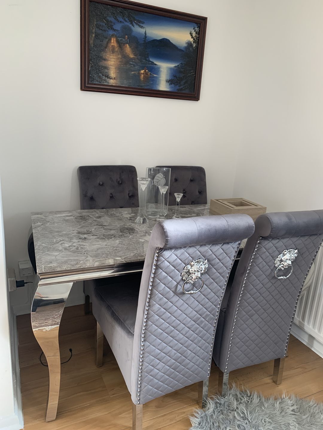 Customer photo review of Vienna Marble Top Dining Set With Lucy Lion Knocker Velvet Chairs