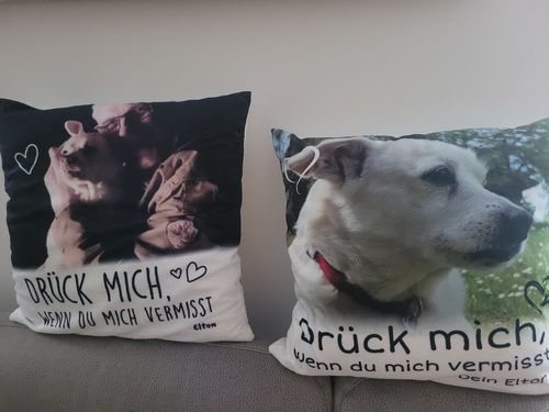 Customer photo review of Drück mich, wenn du mich vermisst - Individuelles Kissen