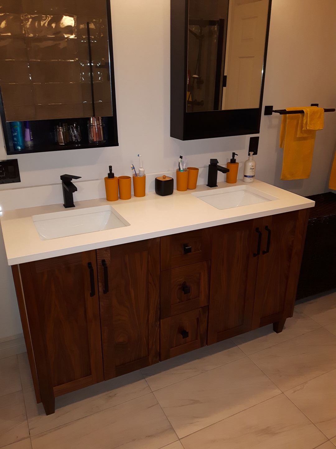 Customer photo review of Bridgeport 60" American Black Walnut Bathroom Vanity, Double Sink