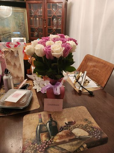 Customer photo review of Purple & White Rose Bouquet