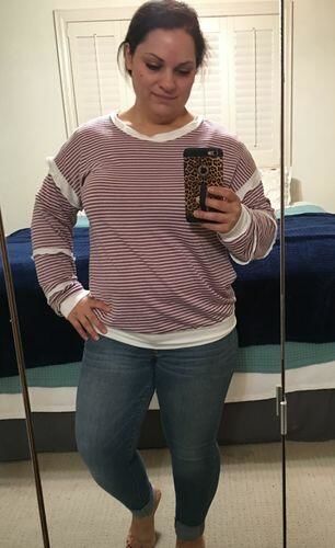 Customer photo review of Brigitte Brianna Striped Ruffle Sleeve Sweatshirt