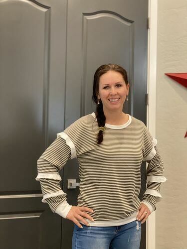 Customer photo review of Brigitte Brianna Striped Ruffle Sleeve Sweatshirt