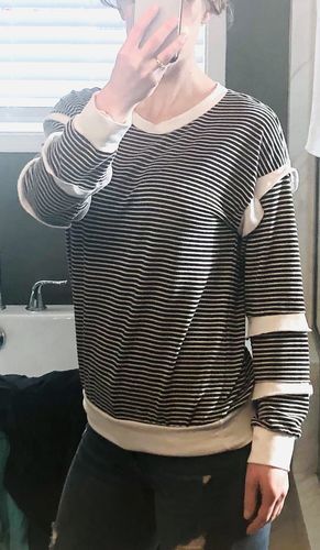 Customer photo review of Brigitte Brianna Striped Ruffle Sleeve Sweatshirt