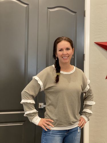 Customer photo review of Brigitte Brianna Striped Ruffle Sleeve Sweatshirt