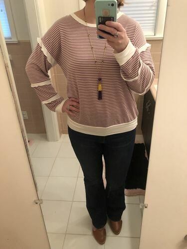 Customer photo review of Brigitte Brianna Striped Ruffle Sleeve Sweatshirt