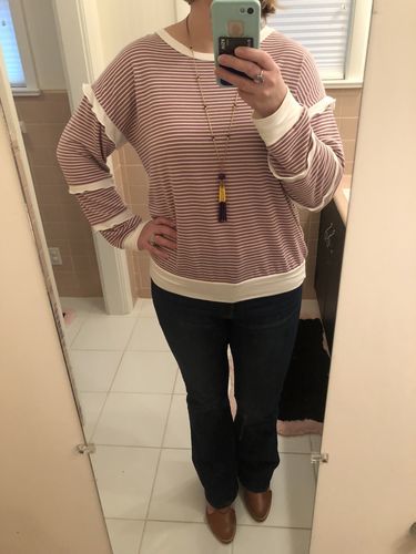 Customer photo review of Brigitte Brianna Striped Ruffle Sleeve Sweatshirt