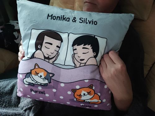 Customer photo review of Cuddle time with pets - Personalised pillow