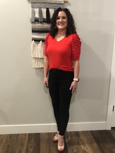 Customer photo review of Brigitte Brianna Ruched Sleeve Top