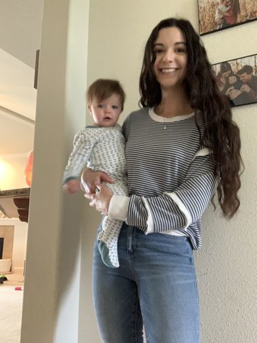 Customer photo review of Brigitte Brianna Striped Ruffle Sleeve Sweatshirt