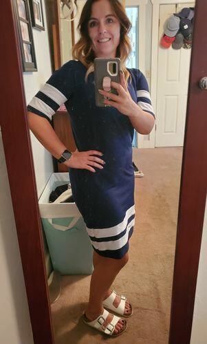 Customer photo review of Brigitte Brianna Varsity Dress