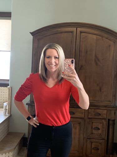Customer photo review of Brigitte Brianna Ruched Sleeve Top