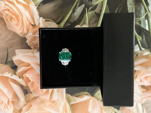 Customer photo review of S925 Paraiba Tourmaline 5 Ct Radiant Cut Three Stone Engagement Ring