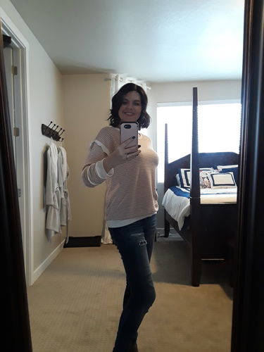 Customer photo review of Brigitte Brianna Striped Ruffle Sleeve Sweatshirt