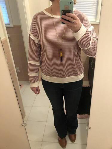 Customer photo review of Brigitte Brianna Striped Ruffle Sleeve Sweatshirt