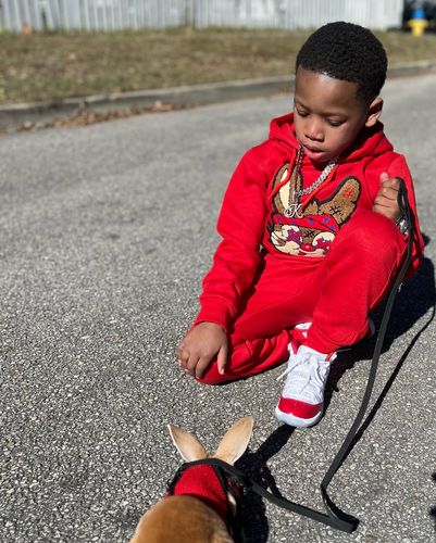 Customer photo review of Kids Star Bunny RAW Drip Red Chenille Hoodie and Jogger Set