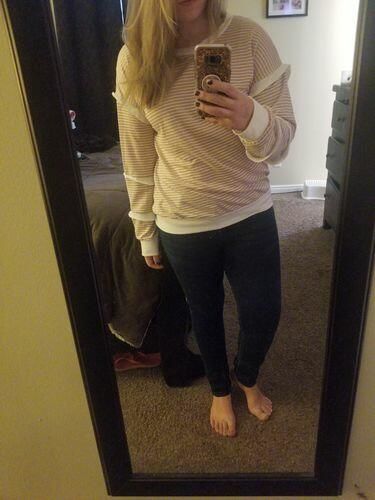 Customer photo review of Brigitte Brianna Striped Ruffle Sleeve Sweatshirt