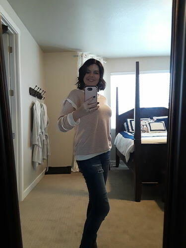 Customer photo review of Brigitte Brianna Striped Ruffle Sleeve Sweatshirt