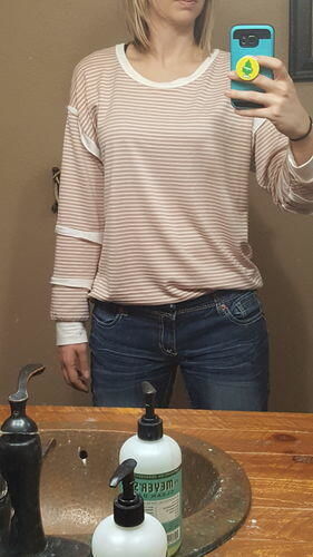 Customer photo review of Brigitte Brianna Striped Ruffle Sleeve Sweatshirt
