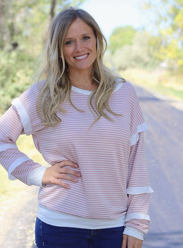 Customer photo review of Brigitte Brianna Striped Ruffle Sleeve Sweatshirt