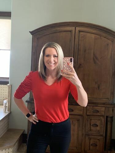 Customer photo review of Brigitte Brianna Ruched Sleeve Top
