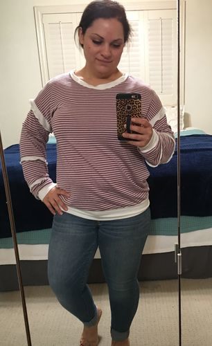 Customer photo review of Brigitte Brianna Striped Ruffle Sleeve Sweatshirt