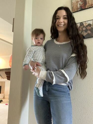 Customer photo review of Brigitte Brianna Striped Ruffle Sleeve Sweatshirt