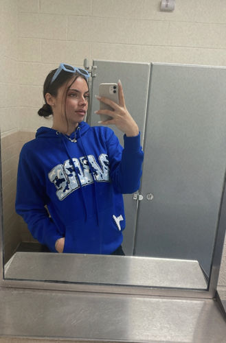 Customer photo review of RARE Camo Baby Blue Chenille Hoodie