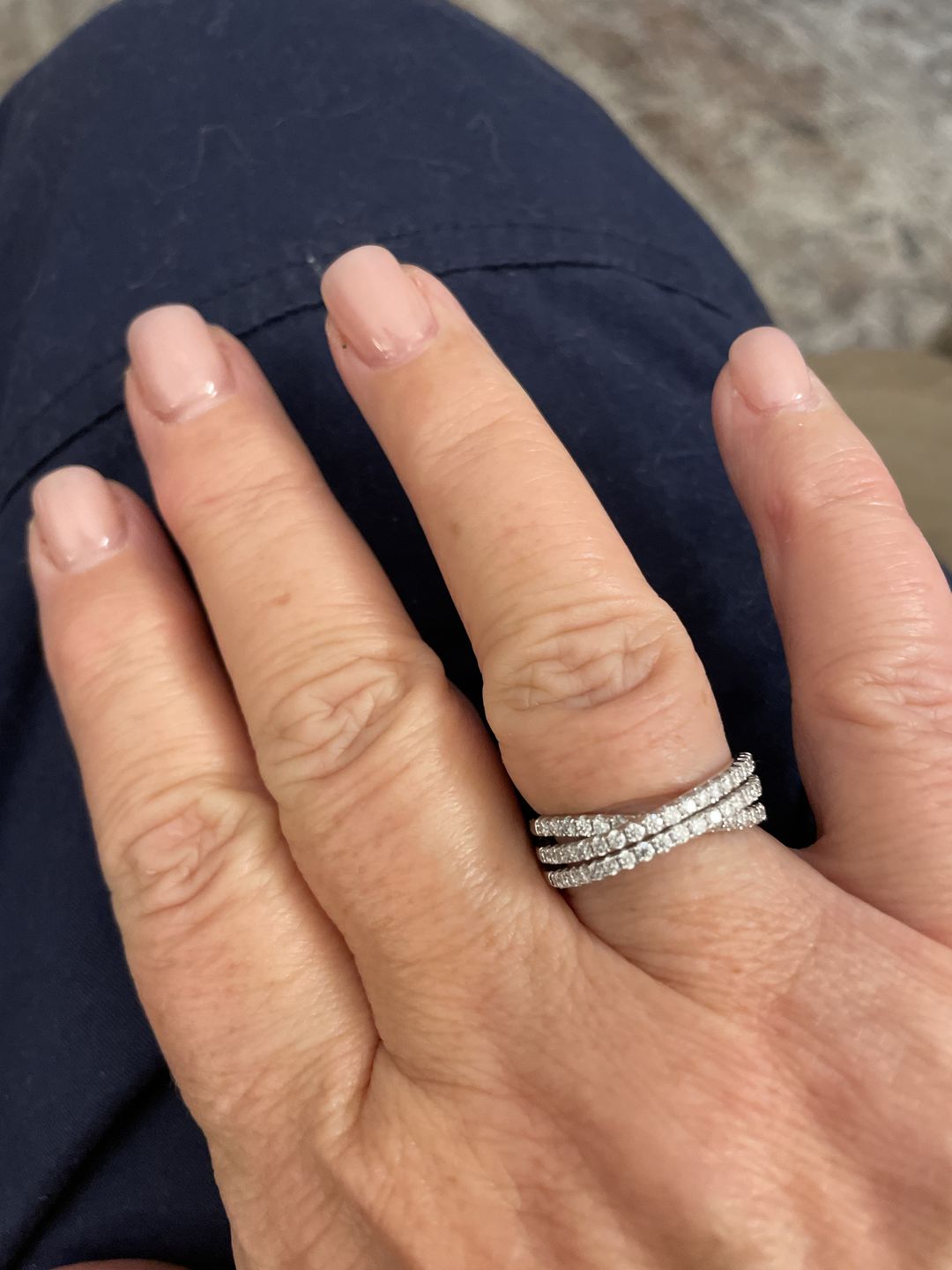 Customer photo review of Triple Criss-Cross Moissanite Pave Half Eternity Wedding Band Ring