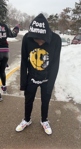 Customer photo review of Men Smile Face Post Human Chenille Hoodie and Post Human White Chenille Joggers Set - Black Hoodie / Black Jogger