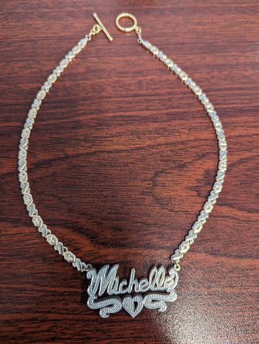 Customer photo review of Double Plated Script Name Necklace with Hugs and Kisses Chain